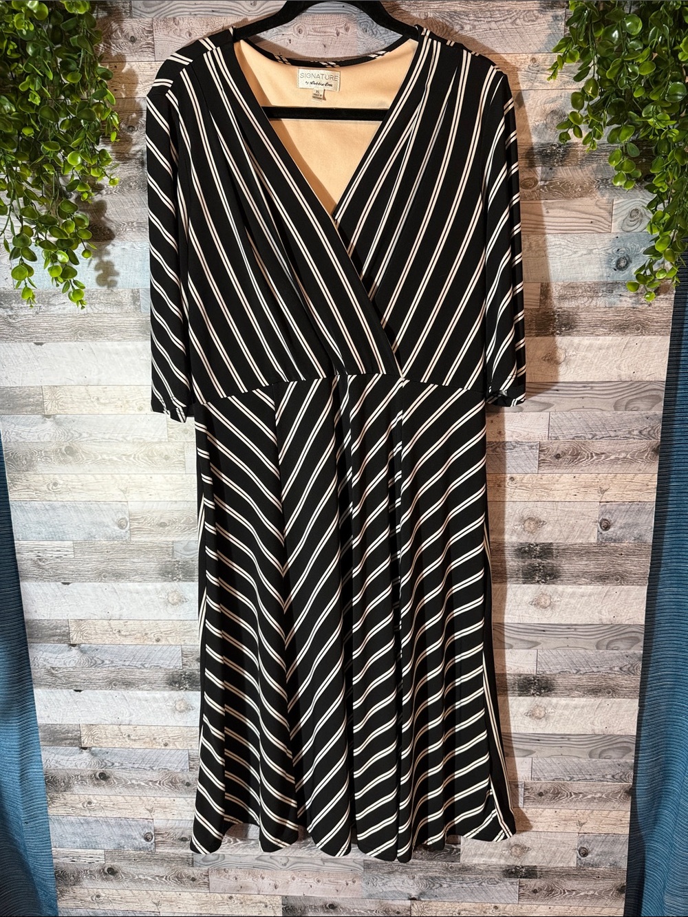Signature by RobbieBee Black and White Striped Wrap-Style Midi Dress